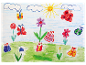 Dessin enfantin : papillons colorés et fleurs dans un champ.