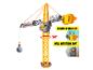 Une grue jouet jaune avec une boule de démolition, montrant des caractéristiques comme la rotation à 360° et le contrepoids.