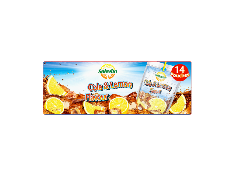 Boisson saveur Cola & Citron en 14 sachets, servie avec des glaçons et des tranches de citron.