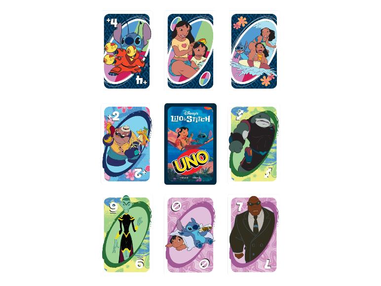 Neuf cartes UNO sur le thème de Lilo et Stitch, incluant +4, +2, passe et inversion.