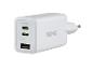 Chargeur mural blanc avec deux ports USB-C PD 45W et un port USB-A.