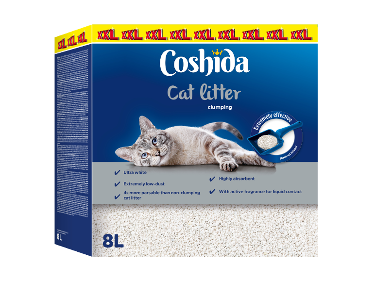 Boîte de litière agglomérante de 8L pour chat avec chat et pelle, avec le texte « Extrêmement efficace ».