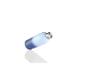 Bouteille bleue et blanche avec bouchon métallique.