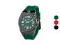 Montre pour homme verte avec un boîtier gris foncé et un bracelet en caoutchouc vert.