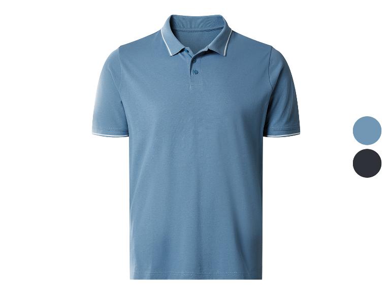 Polo bleu à manches courtes avec rayures blanches sur le col et les manches, avec options de couleur.