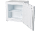 Mini-réfrigérateur blanc avec la porte ouverte, montrant une étagère et un cadran de température.