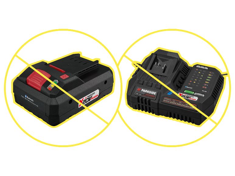 Batterie et chargeur d'outils avec connectivité Bluetooth, barrés d'un X jaune.