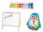 Jouets en bois pour enfants : trieur de formes, tableau et horloge pingouin.