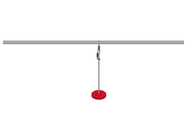 Un disque rouge suspendu à une corde fixée à une poutre métallique.