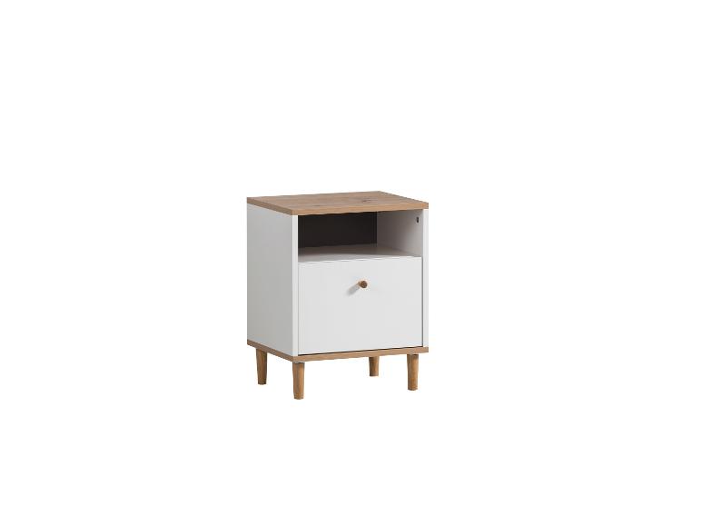 Table de chevet blanche avec un tiroir et une étagère ouverte, plateau et pieds couleur bois.