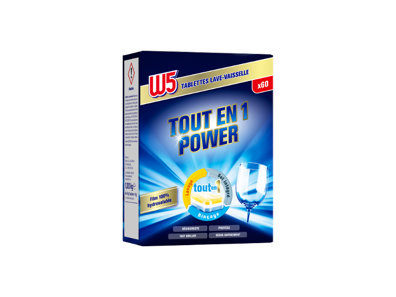 Tablettes lave-vaisselle, 60 unités, avec l'inscription « Tout en 1 Power ».