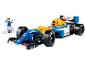 Voiture de course Lego Williams FW14B avec figurine et plaque d'affichage.
