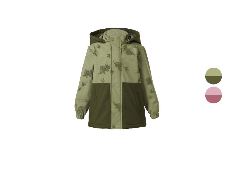 Veste softshell verte pour enfants avec motif dinosaure et capuche.