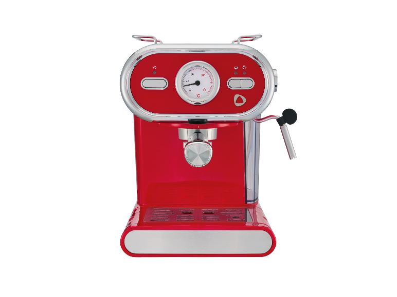 Machine à expresso rouge avec manomètre et buse vapeur.