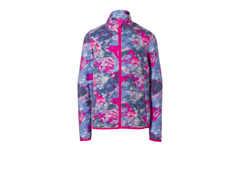 Veste polaire enfant avec motif abstrait coloré et fermeture éclair fuchsia.