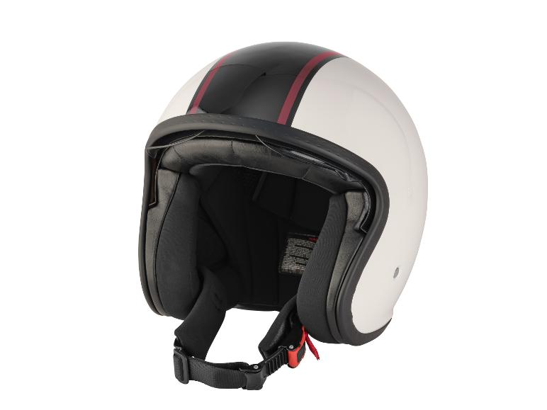Un casque de moto blanc avec des rayures noires et rouges.