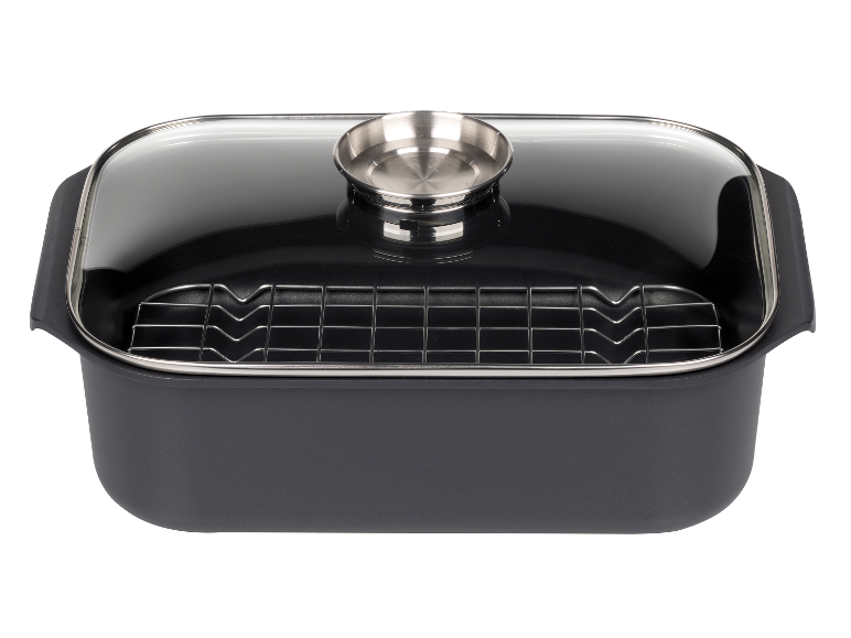 Rôtissoire rectangulaire GSW Gourmet Induction 40x26cm avec grille et couvercle en verre.