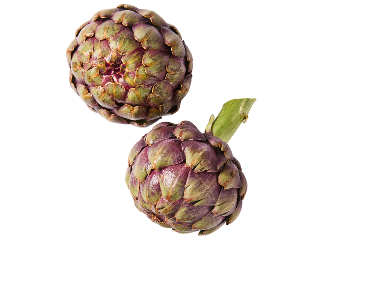 Deux artichauts frais aux feuilles violet-vert sur fond noir.