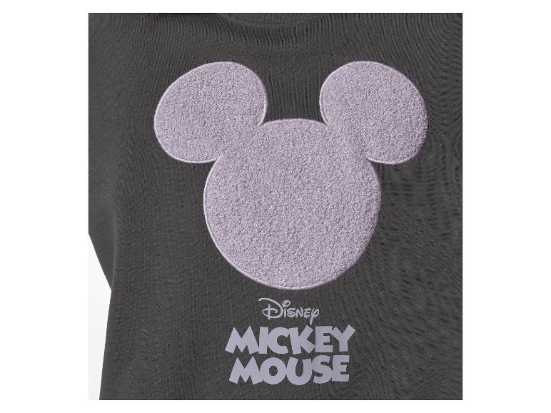 Sweat-shirt gris foncé avec une tête de Mickey Mouse violette et duveteuse et le texte 'Disney Mickey Mouse'.