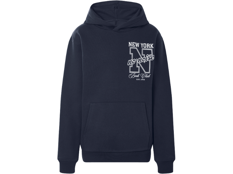 Sweat à capuche bleu marine avec texte blanc 'NEW YORK no noise Book Club EST. 1995'.