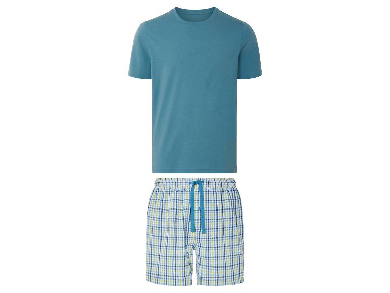 Pyjama homme : t-shirt bleu et short à carreaux.