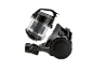 Aspirateur noir avec bac à poussière transparent, séparé de la base.