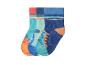 Trois paires de chaussettes pour enfants aux motifs dinosaures et rayures, en bleu, turquoise et orange.
