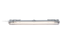 Luminaire allongé, gris, étanche avec ampoule lumineuse.