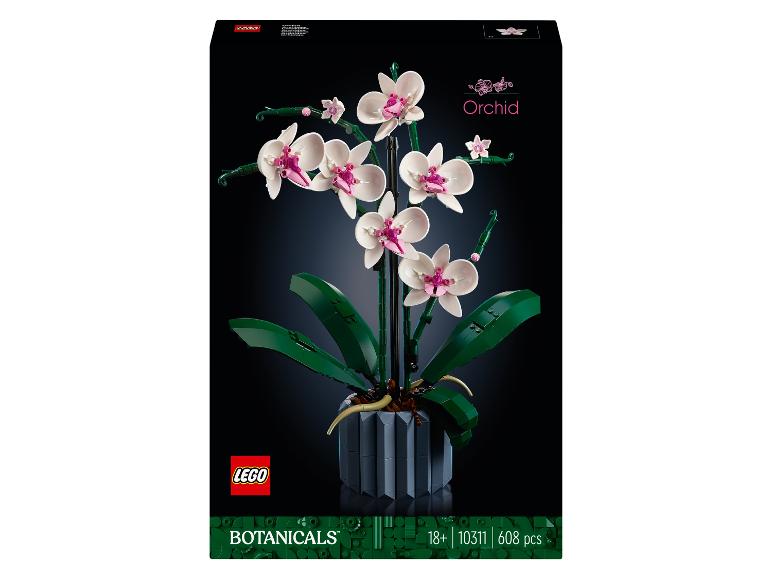 Ensemble LEGO Botanicals Orchid avec des fleurs blanches et roses dans un pot gris.