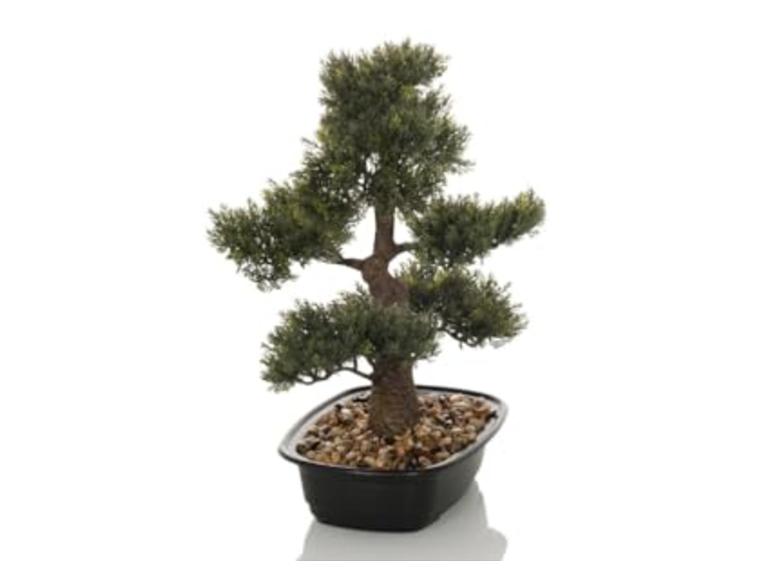 Arbre bonsaï artificiel dans un pot noir avec des galets