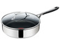 Une casserole en acier inoxydable avec un couvercle en verre de la marque Jamie Oliver