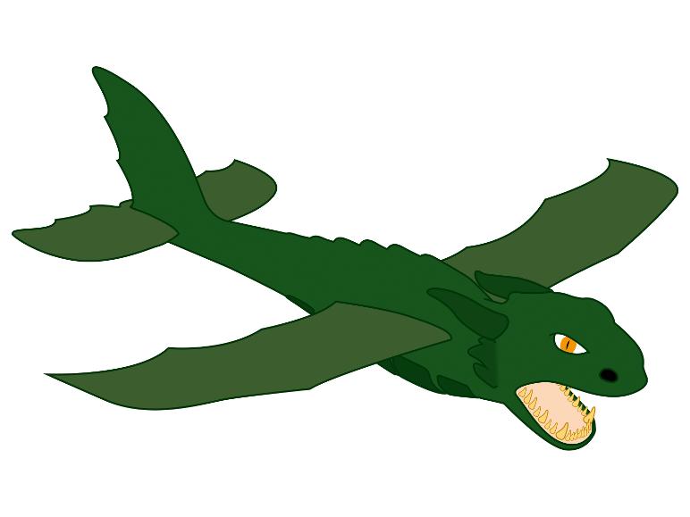Un dragon vert en forme d'avion est en vol.