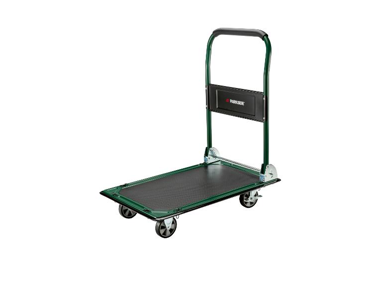 Chariot plateforme pliant vert avec surface antidérapante noire et roues