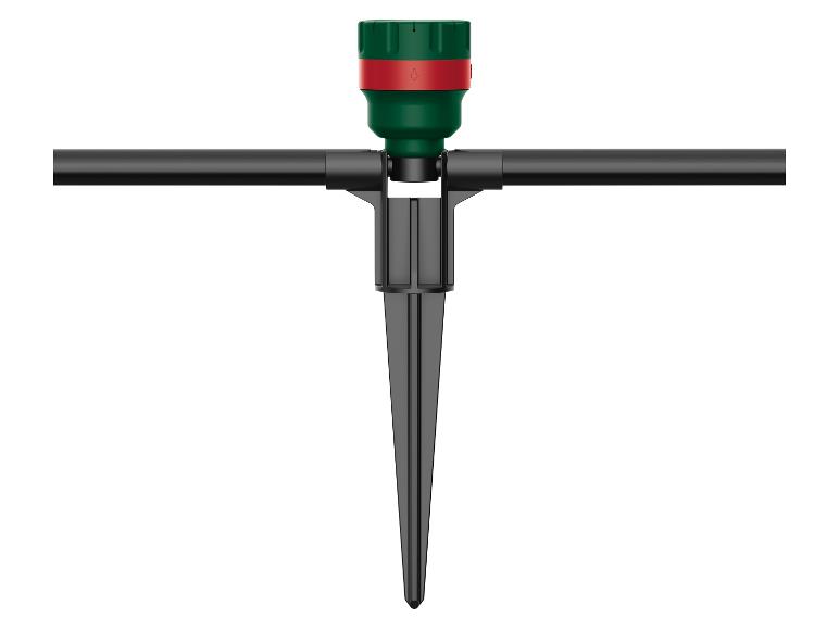 Système d'irrigation goutte à goutte avec tuyau noir et distributeur vert et rouge