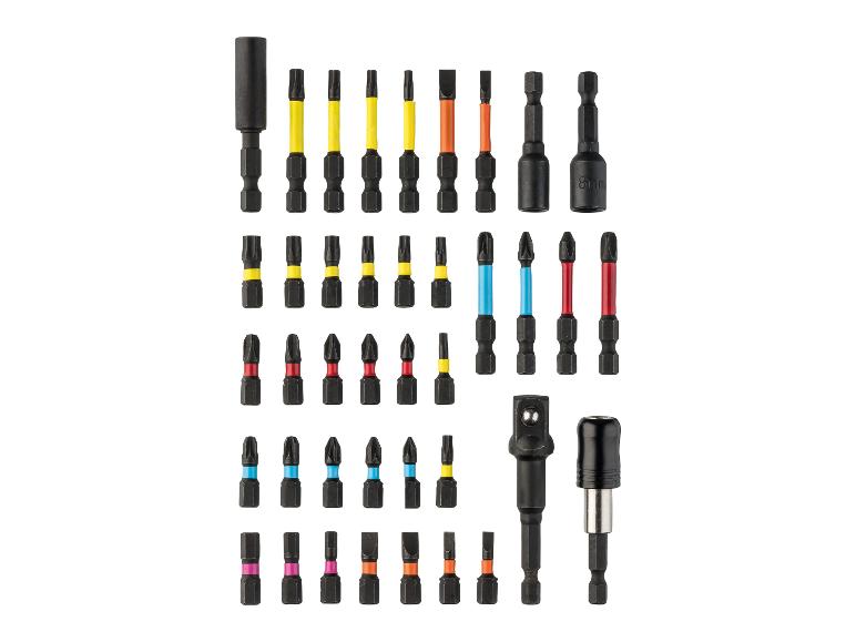 Un ensemble d'embouts de tournevis et d'adaptateurs à chocs de différentes couleurs et tailles.