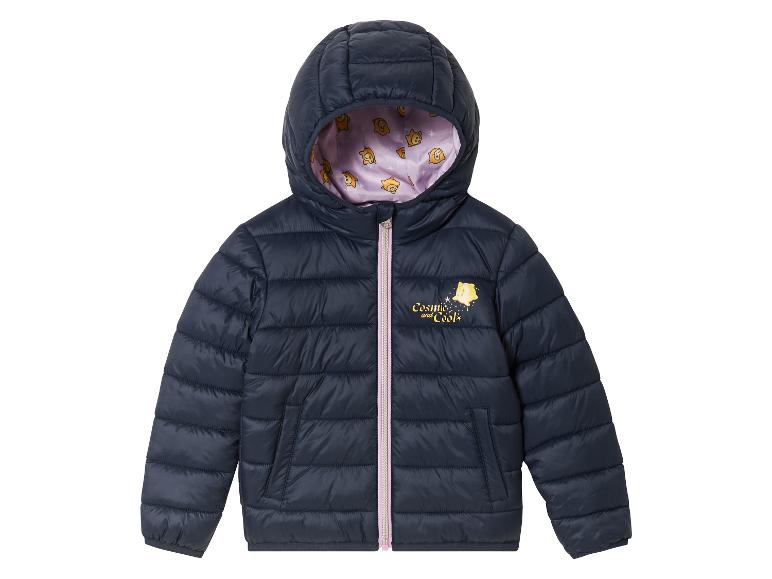 Une veste matelassée bleu marine pour fille avec le slogan 'Cosmic and Cool'.