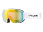 Masque de ski avec verres miroirs colorés et sangle blanche avec logo.