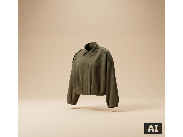 Veste en daim verte avec col et boutons, flottant sur un fond beige.