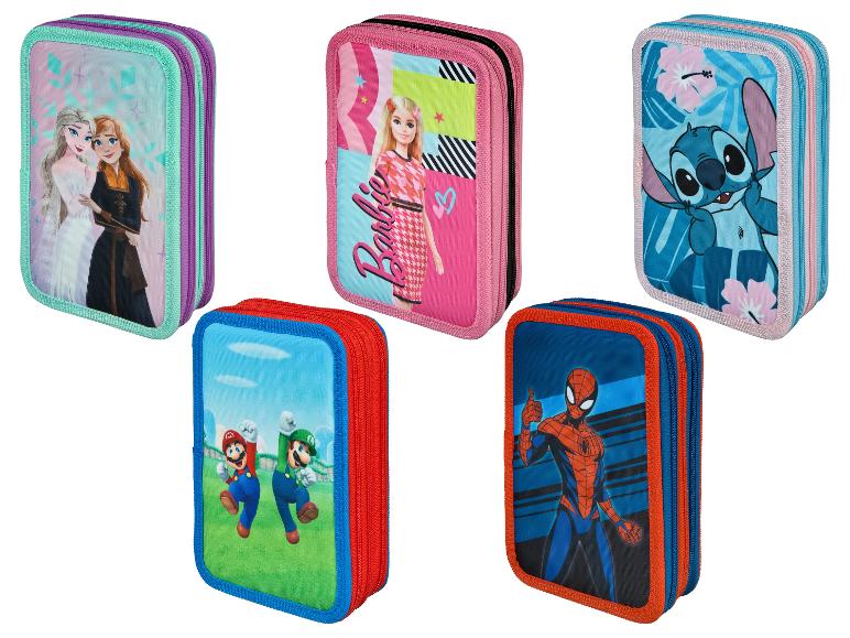 Trousses scolaires avec des personnages Disney, Barbie, Stitch, Mario et Spiderman.