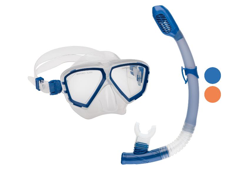 Masque de plongée avec tuba en bleu et transparent.