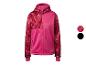 Veste softshell rose pour enfants avec motif abstrait sur les manches et la capuche.