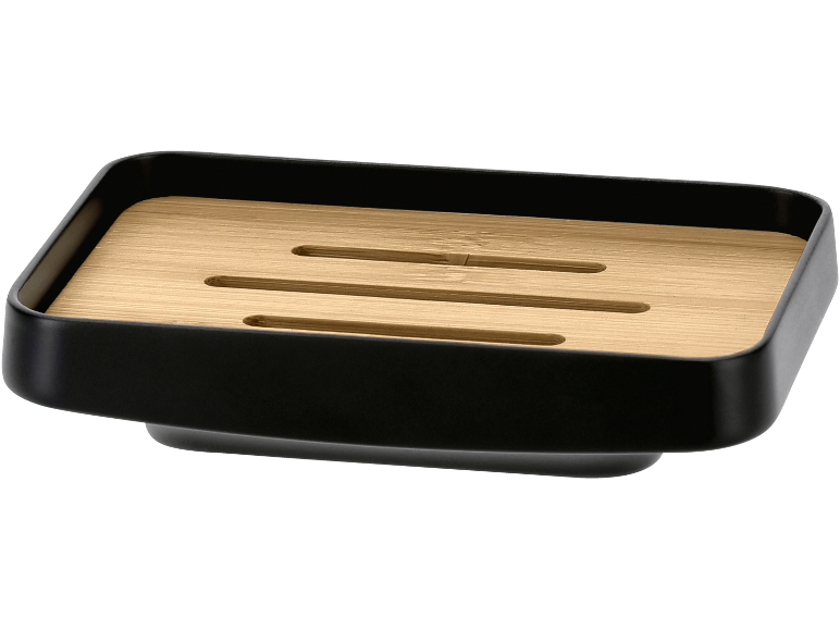 Porte-savon noir avec insert amovible en bois clair à lattes pour le drainage.