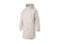 Un imperméable beige pour enfant avec capuche.