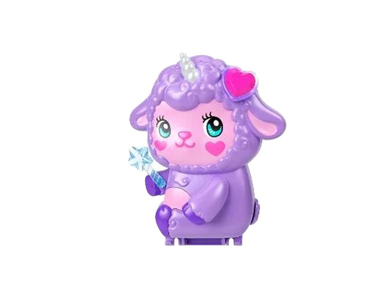 Jouet mouton licorne violet avec baguette magique et décoration en forme de cœur.