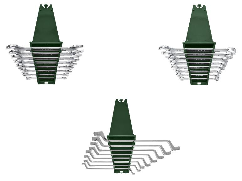 Trois jeux de clés mixtes et clés à œil dans des supports verts.