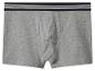 Boxers gris en coton avec bande élastique noire et rayures blanches.