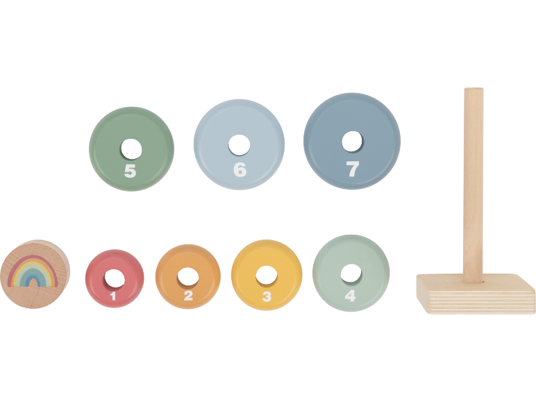 Jouet d'empilement en bois avec des anneaux colorés numérotés de 1 à 7 et un arc-en-ciel.