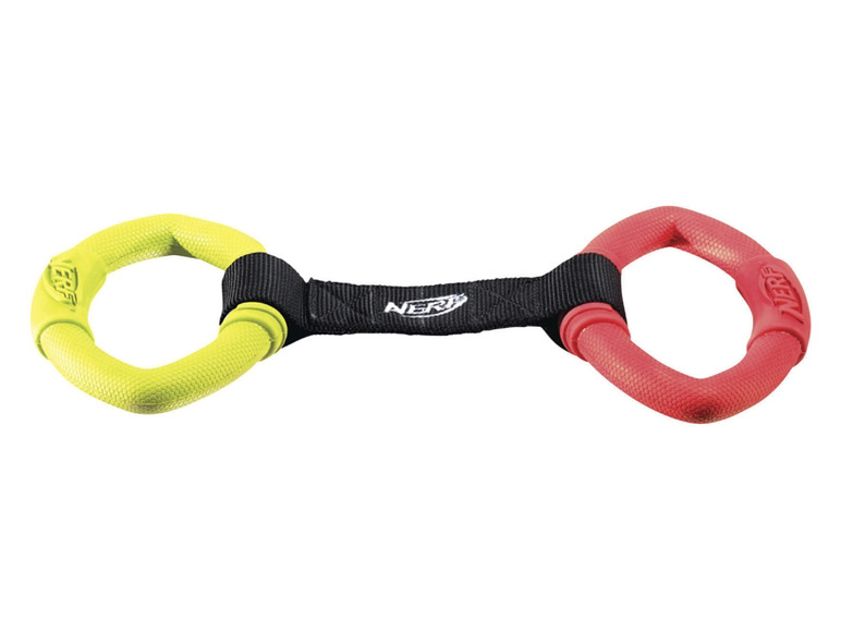 Un jouet pour chien NERF rouge et jaune avec une sangle noire.