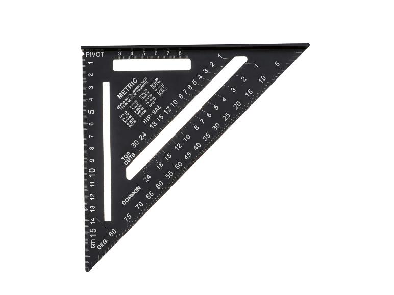 Équerre rapide noire avec mesures métriques et impériales, tables de conversion de chevrons.
