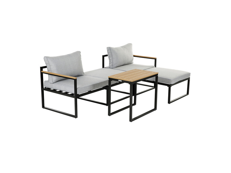 Un ensemble de deux chaises et une table basse, en métal noir avec des coussins gris.